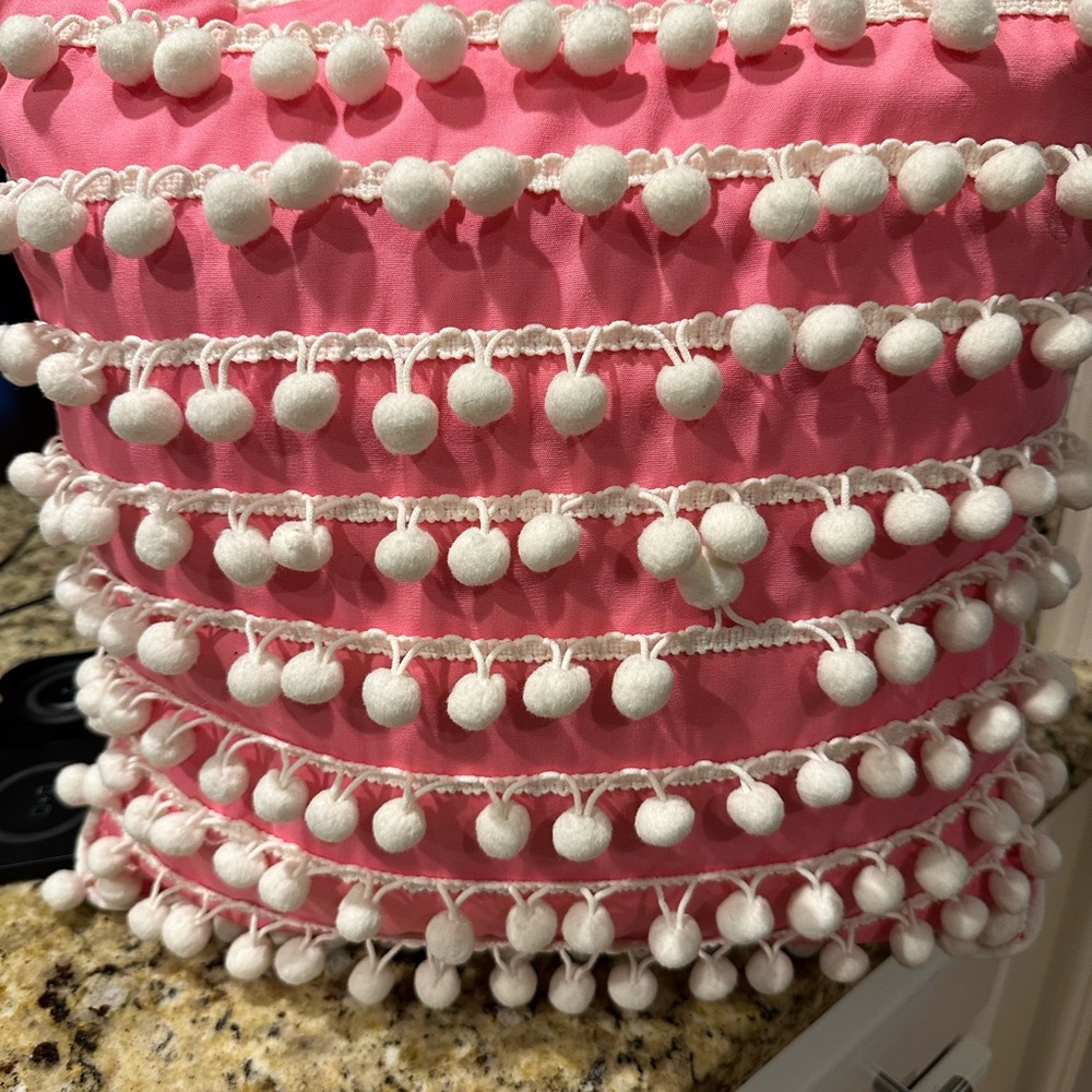Pom Pom Pillow PB Teen White Hot Pink 15" x 15" - Picture 4 of 4